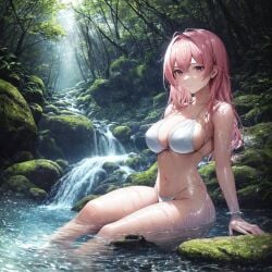 1girls ahoge ai_generated bangs bikini cleavage curvaceous curvy_body curvy_female female female_only high_resolution highres human human_only light-skinned_female light_skin long_hair nai_diffusion nature navel outside pink_eyes pink_hair scenery seductive_look sitting_in_water solo stable_diffusion swimsuit voluptuous_female waterfall wet_bikini wet_body white_bikini