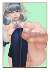 breasts chocker feet headband melia_antiqua nail_polish nintendo nipples panties_kittens partially_clothed pinup pussy silver_hair stockings toes wings xenoblade_(series) xenoblade_chronicles