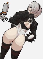 1girls 2020 ass blindfold boots from_behind gloves hairband leotard liresline nier:_automata robot short_hair silver_hair standing tagme thigh_boots thighhighs yorha_2b