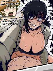 1boy 1girls alternate_breast_size asian asian_female asian_male big_breasts black_hair blonde_hair breasts chainsaw_man crazy_eyes crying denji_(chainsaw_man) english_text eye_contact female female_on_top female_rapist femdom higashiyama_kobeni knife large_breasts looking_at_viewer male_pov male_rape_victim malesub mark_gavatino partially_clothed pov rape reverse_rape saliva sharp_teeth short_hair straight submissive_pov sweat sweatdrop tears text thick_thighs thighs yandere