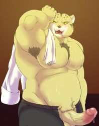 aggressive_retsuko aggretsuko anthro balls blush boner erection felid feline furry male male_only manumaru miguel_okami musclegut muscles muscular pallas's_cat penis sanrio shirtless smooth_fur solo solo_male sweaty