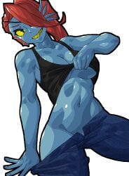 1girls black_eyes blue_skin breasts deltarune eye_patch grin groin liresline monster_girl navel no_panties pants pants_pull ponytail presenting red_hair sharp_teeth standing tagme tank_top tank_top_lift underboob undyne yellow_sclera