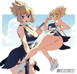 1girls anus ass big_breasts blonde_hair blue_eyes breasts dr.stone eye_contact female female_only good_artwork kohaku_(dr.stone) light-skinned_female light_skin looking_at_viewer no_panties pussy solo suoiresnu thick_thighs white_background