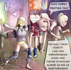 childish_panties coxxy english_text female female_only hanging_wedgie hyuuga_hinata ino_yamanaka multiple_girls naruto naruto_(classic) naruto_(series) naruto_shippuden sakura_haruno text tsunade wedgie