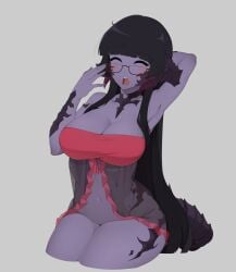 alyx_quintessence au_ra black_hair female final_fantasy final_fantasy_xiv glasses large_breasts nightgown purple_skin scales tail thick_thighs xaela