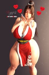 1girls 3d alternate_ass_size alternate_breast_size antarxrigel artist_name artist_signature big_breasts blowing_kiss breasts brown_hair cleavage cleavage_cutout closed_eyes clothed clothing eyes_closed fatal_fury feet_out_of_frame female female_focus female_only heart huge_breasts king_of_fighters kunoichi large_breasts large_thighs light-skinned_female light_skin long_hair mai_shiranui nail_polish ponytail simple_background solo solo_female solo_focus standing thick_legs thick_thighs thunder_thighs tied_hair wide_hips