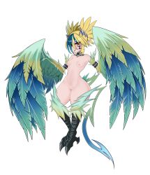 absurdres animal_feet animal_hands animal_legs aqua_wings arm_strap bangs bird_legs bird_tail blonde_hair blue_hair breasts choker claws closed_mouth commentary completely_nude darkwrath english_commentary facial_mark feathered_wings female full_body green_choker hair_between_eyes hair_ornament happy harpy highres looking_at_viewer monster_girl monster_girl_encyclopedia multicolored_hair navel nipples nude pointy_ears pussy red_eyes shiny_hair short_hair sidelocks simple_background small_breasts smile solo standing stomach tail thick_thighs thighs thunderbird_(monster_girl_encyclopedia) tongue tongue_out two-tone_hair uncensored white_background wide_hips winged_arms wings