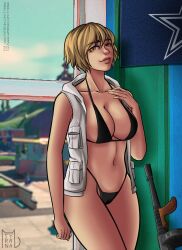 1girls bikini black_bikini blonde_hair breasts casual cheryl_mason clothing curvaceous dallas_cowboys female firearm gun heather_mason human konami nfl outerwear pale_skin public rifle short_hair silent_hill silent_hill_3 sleeveless_jacket sleeveless_vest solo string_bikini submachine_gun swimwear thompson_submachine_gun tyrana weapon white_vest