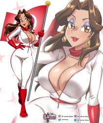 1girls big_breasts blue_eyes bodysuit boots breasts brown_hair cleavage earrings eyeshadow female female_only flag gloves large_breasts lipstick mario_(series) mario_kart nintendo pauline sasatseng super_mario_bros. thick_thighs wide_hips