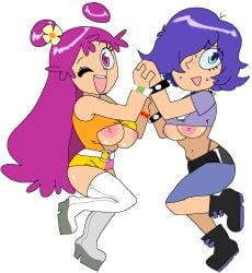 2girls ami_onuki big_breasts blue_eyes blue_hair boots bracelet breasts breasts_out clothing dream-cassette female female_only footwear hair_over_one_eye hi_hi_puffy_amiyumi hoshime human looking_at_viewer multiple_girls neckwear nervous_sweat nipples pale_skin panties pink_eyes pink_hair punk punk_girl spiked_bracelet spiked_collar sweat thick_thighs transparent_background wide_hips wink winking_at_viewer wristwear yumi_yoshimura