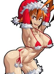 1girls 2018 ahoge arms_above_head arms_behind_head arms_up ass bikini breasts christmas cleavage gloves hat large_breasts leifoo liresline long_gloves orange_hair original red_bikini red_eyes santa_hat sharp_teeth short_hair side-tie_bikini standing tagme thighhighs