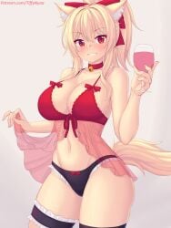 1girls black_panties blonde_hair bow_panties bra breasts cat_ears cat_girl catgirl female holding_object huge_breasts lingerie long_hair looking_at_viewer navel panties ponytail red_bra red_eyes simple_background smile tiffy tiffynyaa wine_glass