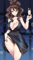 1girls aged_up black_dress black_panties blue_eyes breasts brown_hair champagne champagne_glass dress female flashing_panties hilda_(pokemon) hips huge_breasts jewelry kenron_toqueen light-skinned_female light_skin long_hair nintendo panties pokemon pokemon_bw slim_waist smile thick_thighs thighs wide_hips