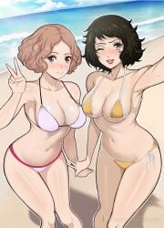 2girls armpits beach bikini black_hair blushing breasts brown_eyes brown_hair cleavage female female_only happy haru_okumura lepypepy looking_at_viewer medium_hair micro_bikini midriff multiple_girls navel persona persona_5 pink_bikini sadayo_kawakami short_hair side-tie_bikini sideboob smile standing summer swimsuit swimwear thighs underboob yellow_bikini