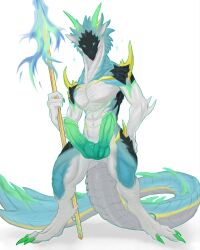 2_penises 4_fingers abs absurd_res animal_genitalia animal_penis anthro arm_spikes beak belly black_face blue_body bodily_fluids claws colored detailed digitigrade diphallia diphallism dragon dripping elbow_spikes fingers flaming_weapon genital_fluids genitals green_claws green_horn green_penis hand_on_hip hemipenes hi_res holding_object holding_weapon horn knot laobai long_tail magic_weapon male male_only melee_weapon multi_genitalia multi_penis muscular muscular_anthro penis pinup polearm pose precum precum_drip precum_string shaded shoulder_spikes simple_background solo spear spikes spikes_(anatomy) standing starry tail thick_tail weapon white_belly