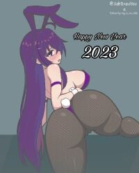 1girls 2023 blush blushing bunny_ears bunny_girl bunny_tail bunnysuit curvy doki_doki_literature_club edit edited female happy_new_year looking_at_viewer open_mouth purple_ears purple_eyes purple_hair saltdrawyou solo text year_of_the_rabbit yuri_(doki_doki_literature_club)