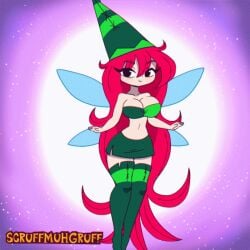 :d animated artist_name betilla_(rayman) big_breasts black_eyes cleavage cute female flashing green_panties looking_at_viewer nymph_(rayman) panties rayman_(series) rayman_origins red_hair scruffmuhgruff skirt smile ubisoft underwear wings wink