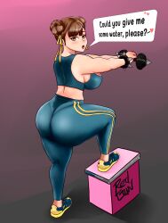 1girls asian asian_female ass ass_focus big_ass big_breasts big_butt breasts brown_hair busty capcom chun-li curvy dialogue double_bun dumbbell english_text exercise fat_ass female female_focus female_only gym_clothes gym_uniform hair_ribbon heart hi_res high_resolution highres large_ass large_breasts leggings lifting_weights light-skinned_female light-skinned_male light_skin redgun sideboob simple_background solo solo_female solo_focus speech_bubble spoken_heart sports_bra street_fighter street_fighter_alpha sweat sweatdrop sweatdrops sweating sweaty tagme text text_box thick_ass thighs voluptuous voluptuous_female working_out workout