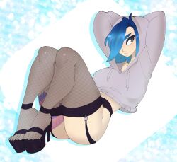 1girls 2019 arms_up ass blue_hair brandy_(gitblue) color digital_drawing_(artwork) digital_media_(artwork) feet female female_only gray_eyes high_heels hoodie human laying_down light_skin oc one_eye_obstructed original original_character simple_background stockings tattoo tattoo_on_legs thighs vontecristo