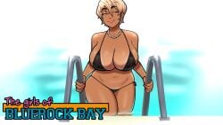 1girls bikini black_bikini blonde_hair dark-skinned_female earrings getting_out_of_pool gianna_lewis half-closed_eyes jewelry large_breasts mrpotatoparty nail_polish orange_eyes pearl_earrings pearl_necklace pool solo solo_female the_girls_of_bluerock_bay thick_thighs water wet