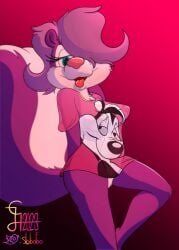 absurd_res anthro aroused aroused_smile blep blue_eyes bottomless bottomless_female breasts clothed clothing female fifi_la_fume hi_res lobofeo looney_tunes mammal mephitid pepe_le_pew pink_body purple_fur skunk solo tiny_toon_adventures tongue tongue_out warner_brothers