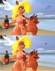 3d 3d_(artwork) anthro beach bikini_bottom blush breastfeeding breasts crash_(series) crash_bandicoot furry furry_female furry_male garry's_mod garrysmod male/female nipples nude tawna_bandicoot text