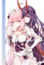 2girls absurdres alternate_costume apron biting breasts cleavage dress ear_biting elysia_(honkai_impact) enmaided gloves highres homula9 honkai_(series) honkai_impact_3rd horns long_hair maid maid_apron maid_headdress multiple_girls pink_hair pointy_ears purple_eyes pussy pussy_juice raiden_mei sleeveless sleeveless_dress straight thighhighs white_gloves white_thighhighs yuri