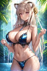 1girls ai_generated animal_ears bikini blonde_hair blue_bikini breasts female huge_breasts kemonomimi large_breasts long_hair navel original original_character outdoors red_eyes rinomaw slim_waist smile stable_diffusion thick_thighs water wet wet_body wide_hips