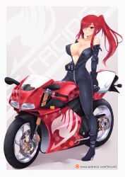 big_breasts biker_clothes bikesuit bodysuit breasts cleavage erza_scarlet fairy_tail ground_vehicle large_breasts latex long_hair motor_vehicle motorcycle motorcycle_suit no_bra nonude ponytail red_hair seductive_eyes seductive_look seductive_mouth seductive_pose seductive_smile unzipped unzipping virus-g