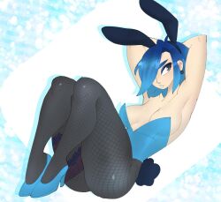 1girls 2019 arms_up ass blue_hair brandy_(gitblue) bunny_ears bunny_girl bunny_tail bunnysuit color digital_drawing_(artwork) digital_media_(artwork) feet female female_only gray_eyes high_heels human laying_down legwear light_skin lingerie oc one_eye_obstructed original original_character simple_background tattoo tattoo_on_legs thighs vontecristo