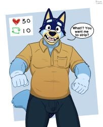 anthro bandit_heeler blue_body blue_fur bluey_(series) bulge canid canine canis detailed_bulge domestic_dog fur heart hi_res lewd_latte male male_only mammal shared_reaction simple_background slightly_chubby solo surprise yellow_body yellow_fur