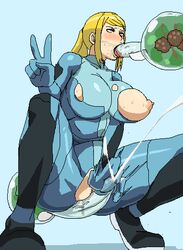 ahe_gao areolae blonde_hair blue_eyes blush breasts cleavage cum erect_nipples fellatio female hair handjob human humanoid marnic metroid metroid_(creature) nintendo nipple_slip nipples oral ripped_clothing samus_aran skin_tight v voluptuous zero_suit zero_suit_samus