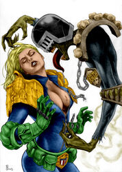 1boy 1girls blonde blonde_hair cassandra_anderson cleavage closed_eyes female huy_truong imminent_rape judge_anderson judge_death judge_dredd_(franchise) large_breasts male tongue tongue_out uniform unzipping zipper_pull_tab