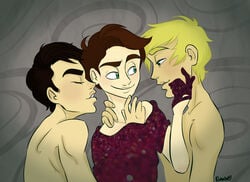 3boys artist_request blaine_anderson closed_eyes cmnm glee_(tv_series) glove green_eyes kurt_hummel male male_only sam_evans seductive_smile teen_boy undressing