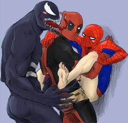 3boys against_wall anal anal_sex artist_request ass beefy blush blush_under_mask bottomless clothed_sex daddy deadpool embarrassed erection fraternity gay human interrupted interspecies male male_only manly marvel missionary_position multiple_males peter_parker scar scarring scars smooth_skin spandex spider-man spider-man_(series) uncensored venom_(marvel) wade_wilson yaoi