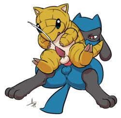 2016 3_toes anal anal_sex animal_genitalia animal_penis anus aogami balls canine_penis cum cum_inside cum_while_penetrated cumshot duo edit erection feral hi_res knot male nintendo open_mouth orgasm penetration penis pokemon red_eyes riolu sandshrew sex simple_background toes video_games white_background yaoi