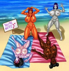 4girls argent_(dc) barefoot beach bumblebee_(dc) cssp dark-skinned_female dark_skin dc dc_comics death female_only huge_ass huge_breasts karen_beecher killer_lotion lotion multiple_girls nipples oil pussy rachel_roth raven_(dc) starfire sunbathing sunscreen tanned teen_titans thick_thighs towel