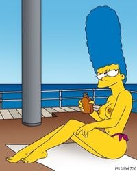 1girls 2010 4_fingers 4_toes accurate_art_style artist_name blue_sky boat breasts color dated day female female_only human marge_simpson nipples outdoors pat_kassab public_topless sea side_view sitting sky solo the_simpsons topless topless_female water