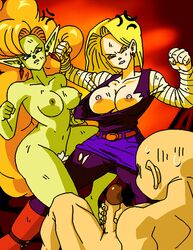 android_18 blonde_hair blue_eyes blue_skin bob_cut comic dboy dragon_ball dragon_ball_z female ginger green_skin human jerking krillin kuririn male medium_hair orange_hair pantyhose petite pointy_ears torn_pantyhose zangya