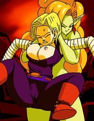 android_18 blonde_hair blue_eyes blue_skin bob_cut comic dboy dragon_ball dragon_ball_z female ginger green_skin human krillin kuririn male medium_hair orange_hair pantyhose petite pointy_ears zangya