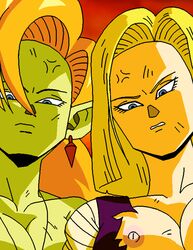 android_18 angry blonde_hair blue_eyes blue_skin bob_cut comic dboy dragon_ball dragon_ball_z female ginger green_skin human krillin kuririn male medium_hair orange_hair petite pointy_ears viewed_from_below zangya