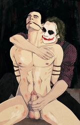 batman batman_(bruce_wayne) batman_(series) bondage bruce_wayne clothed_on_nude dc dc_comics gag gay handjob joker male male_only nude penis the_dark_knight yaoi