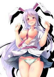 animal_ears awa_yume belt blush breasts breasts_out bunny_ears female full-face_blush green_panties highres long_hair necktie nipples no_bra open_clothes open_mouth open_shirt panties pink_eyes pleated_skirt purple_hair reisen_udongein_inaba shirt short_sleeves simple_background skirt touhou underwear very_long_hair white_background white_shirt