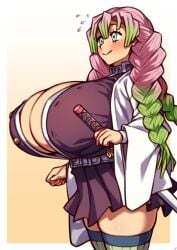 1girls alternate_breast_size big_breasts blush breasts coffeelove68 demon_slayer female female_focus female_only green_eyes high_resolution huge_breasts kanroji_mitsuri kimetsu_no_yaiba legwear long_hair massive_breasts pink_and_green_hair solo standing thick_thighs thighhighs thighs twin_braids two_tone_hair voluptuous