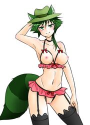 1girls animal_ears blush ears fedora female female_focus female_only green_eyes green_hair green_tail happy_tree_friends hat humanized looking_at_viewer ponytail posing rule_63 shifty shifty_(htf) short_hair smirk solo tagme tail