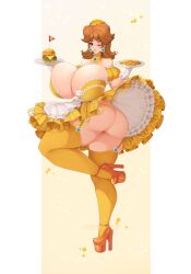 1girls 2023 ass bad_anatomy big_ass bimbo blue_eyes breasts burger cleavage dress female female_only fries high_heels huge_breasts looking_at_viewer mario_(series) name_tag orange_hair plate princess_daisy solo super_mario_bros. thick_thighs thighhighs tundromaiden upskirt waitress wide_hips wink