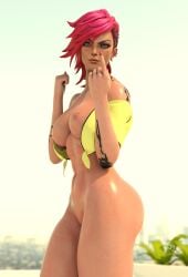 1girls 3d arcane arcane_vi ass athletic athletic_female big_ass big_breasts blue_eyes breasts face_tattoo female female_only freckles johntwo league_of_legends looking_at_viewer nipples nose_ring pink_hair solo solo_female tattoo vi video_games