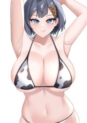 1girls :d armpits arms_above_head arms_up bare_armpits bare_midriff belly_button big_breasts bikini black_hair blue_eyes blush bob_cut cleavage cow_print cow_print_bikini exposed_armpits huge_breasts looking_at_viewer midriff mole mole_under_eye navel nijisanji nijisanji_indonesia rimunrimun short_hair siska_leontyne solo solo_female solo_focus tongue tongue_out virtual_youtuber