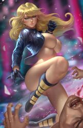 action_pose big_breasts black_canary blonde_hair blue_eyes blurry_background boots dc dc_comics exposed_breasts female female_focus fighting fit_female gloves green_arrow_(series) highres jacket kicking naked_boots naked_female naked_gloves naked_jacket nopeys nude pinup pinup_pose superheroine