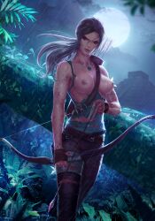 1girls absurd_res amulet angry arrow belt big_breasts black_eyes black_hair blood bow_(weapon) breasts british casual clothing detailed_background exposed_pussy female female_only forest human lara_croft lara_croft_(survivor) moon moonlight nature neckwear night outdoors pale_skin ponytail rain ripped_clothing solo tomb_raider tomb_raider_(survivor) topless very_high_resolution weapon wet zarory